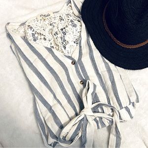 Listcle Striped Blue Cotton Romper Size Large with Pockets and embroidered back